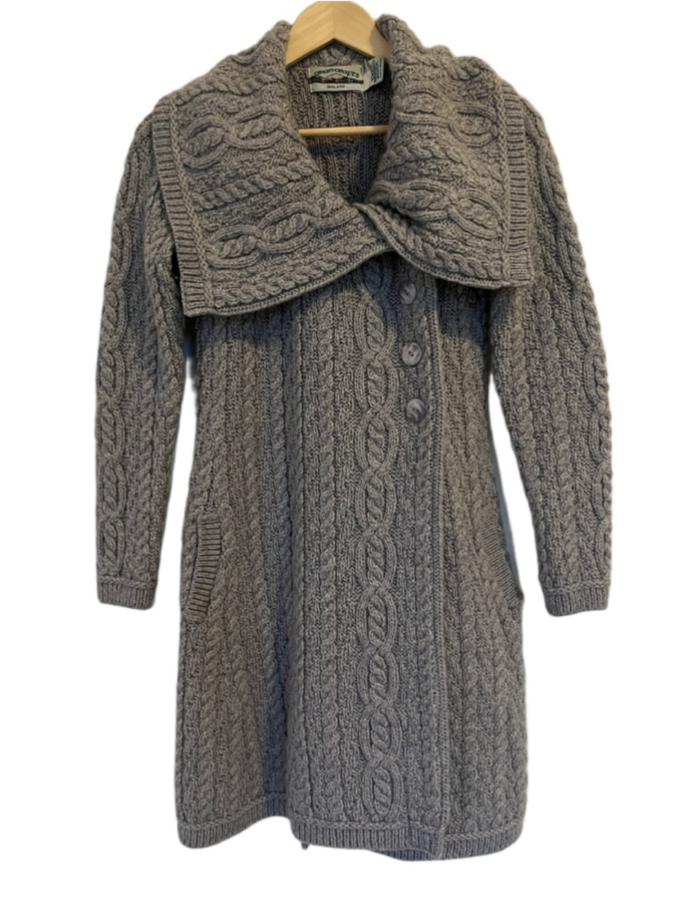 Aran Crafts Grey Merino Wool Cable Knit Cardigan Asymmetrical Button Long Fit